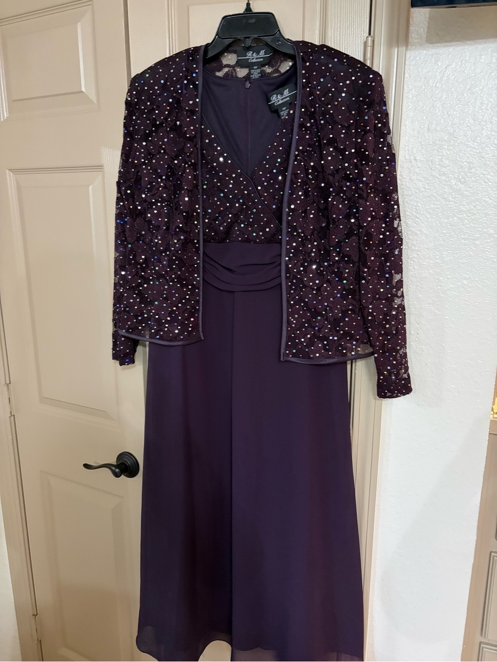 Elegant Women's Purple Sequin Jacket Dress by R&M Collection
